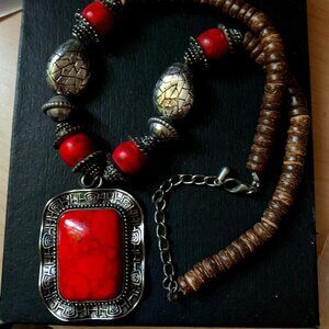 Vintage Red Ceramic Square Stone Wood Beaded Necklace